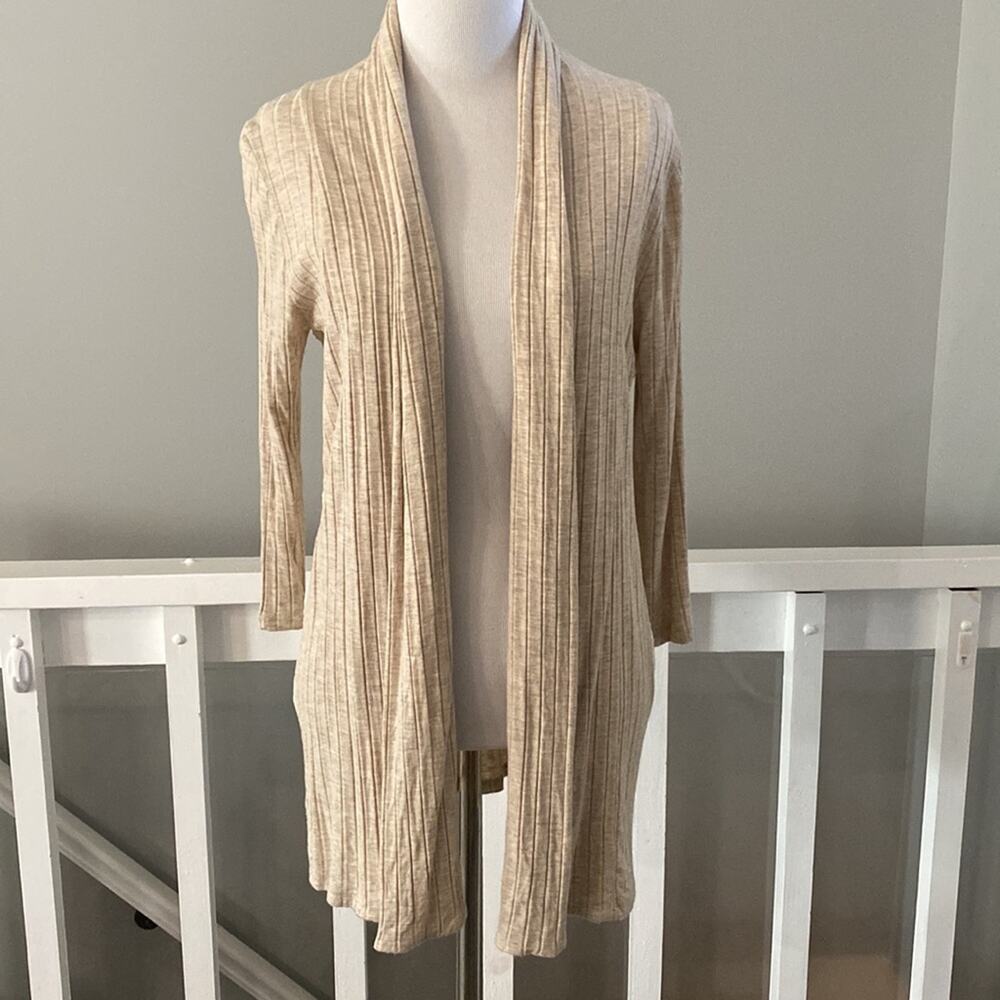 August Mist Ribbed Lightweight Lacy Cardigan Oatmeal Color Size Small